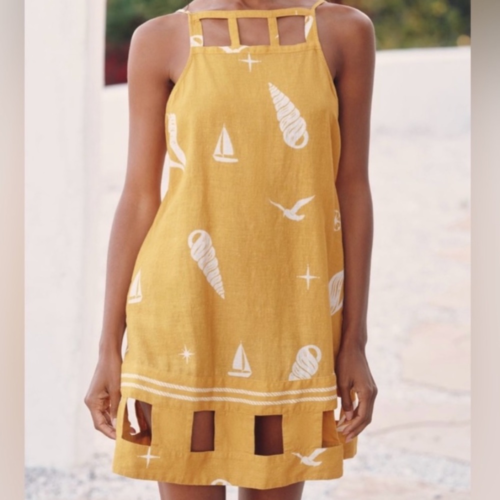 🟠NWT CELANDINE by ANTHROPOLOGIE Linen Square-Neck Cutout Mini Dress in Maize